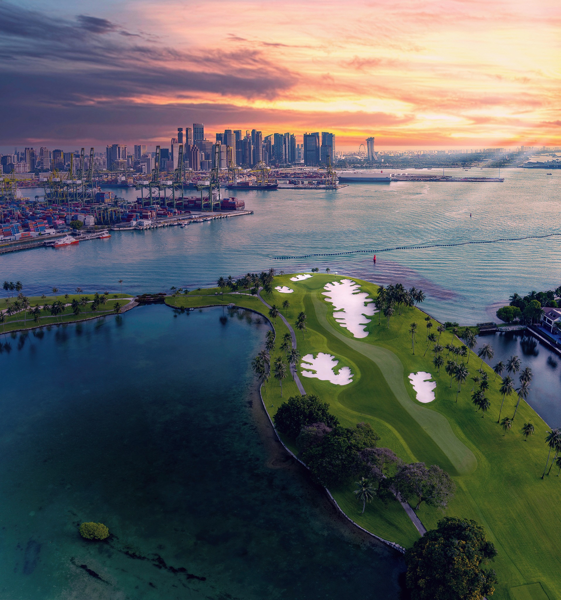 Arial view of the signature 5th hole of the Serapong, Sentosa Golf Club