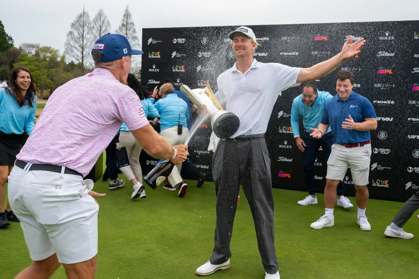 Travis Smyth celebrates with a champagne spray at International Series Japan